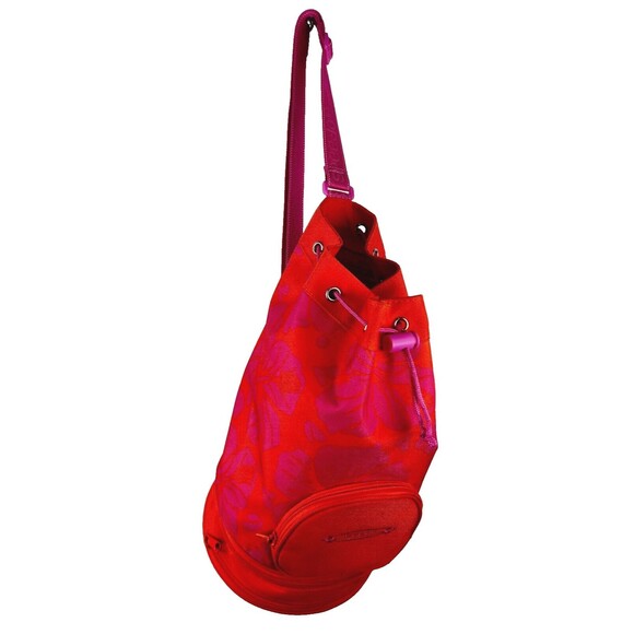 Speedo Canvas Drawstring Bucket Tote Bag Pink Orange Hibiscus Print Pool Beach - Picture 1 of 9